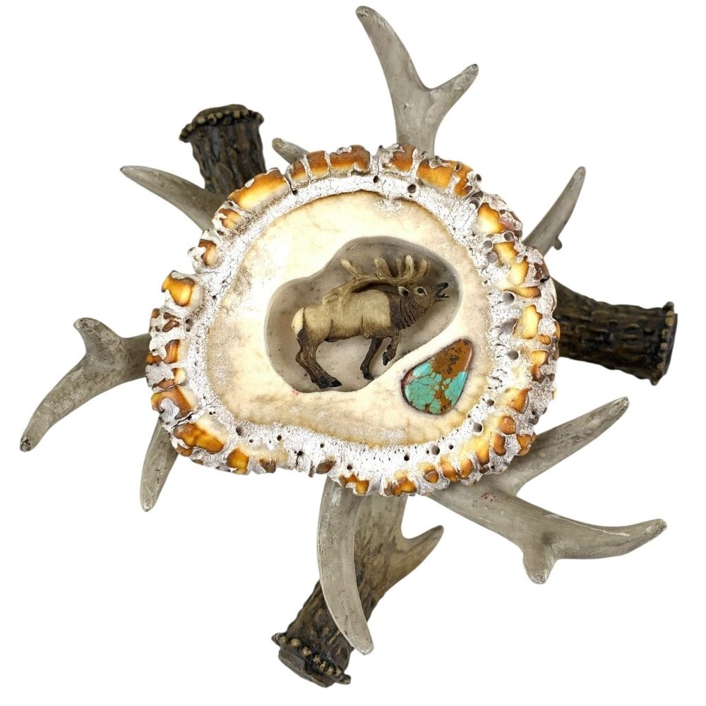 Western Elk Antler Crown Burr Turquoise Belt Buckle With Antler Stand, Signed